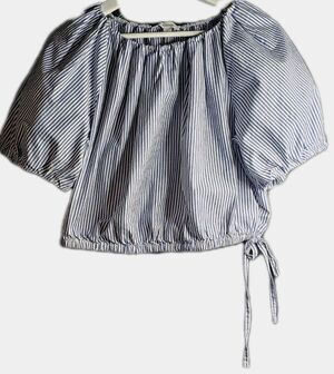 Blue White Striped Puff Sleeve Crop Top Women's Large Coastal Summer Blouse